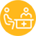 a yellow circular icon with an outlined illustration of a patient sitting with a medical professional